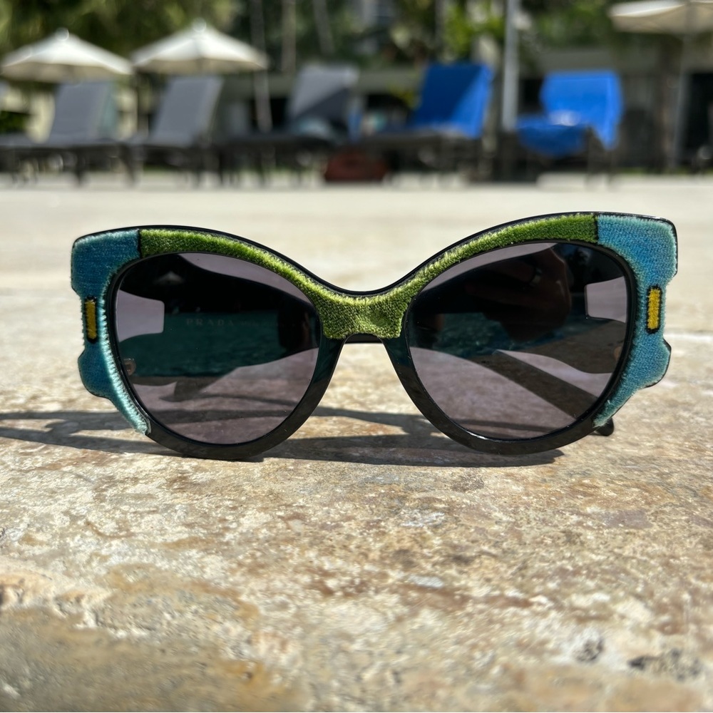 PRADA Tapestry Square Velvet Pr10us Azure Green Color Block Black Sunglasses 10u - Picture 9 of 11